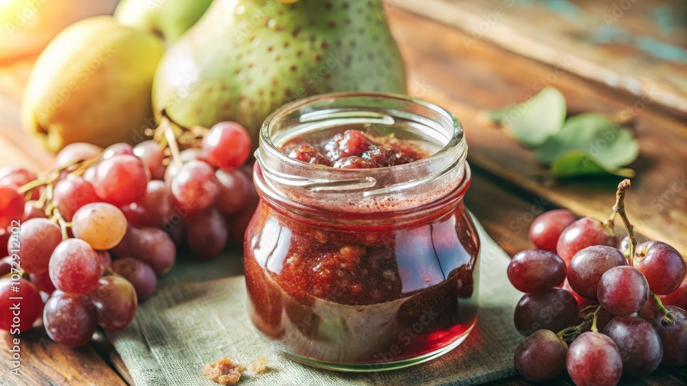 A jar of homemade grape jam, surrounded by fresh grapes and pears, sits on a rustic wooden surface. A jar of homemade grape jam, surrounded by fresh grapes and pears, sits on a rustic wooden surface.