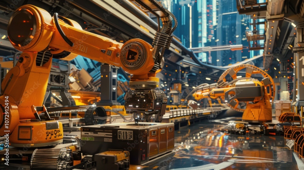 Futuristic robotic arms in a factory setting. Futuristic robotic arms in a factory setting.