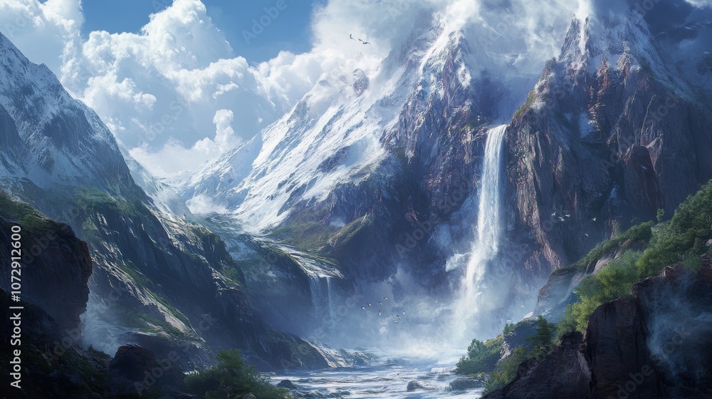 Fototapeta premium A waterfall emerging from a rocky gorge in the remote regions of Tibet