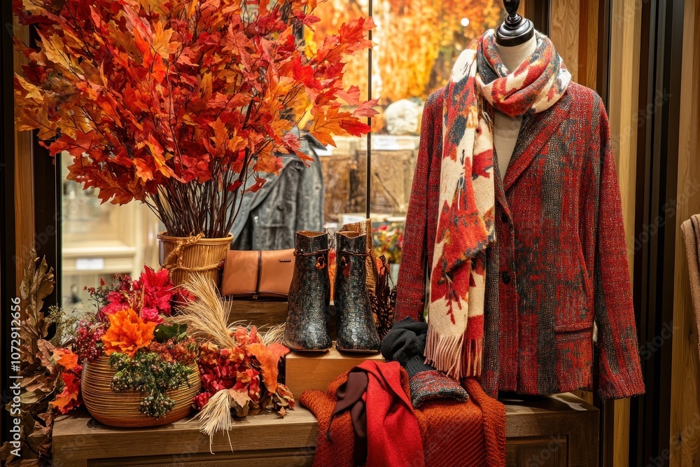 Obraz premium A cozy autumn display in a shop window featuring a red jacket, scarf, and boots on a wooden shelf with fall leaves, flowers, and wheat.