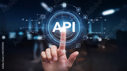 API application programming interface, a finger touch a hologram virtual interface that hologram of API, API integration, API development, JSON, API documentation, 