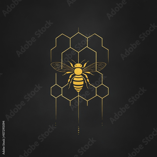 Geometric bee and honeycomb design on black background.