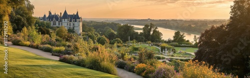 Discover the enchanting gardens of Château de Chaumont-sur-Loire at sunset, showcasing vibrant wildflowers and stunning river views