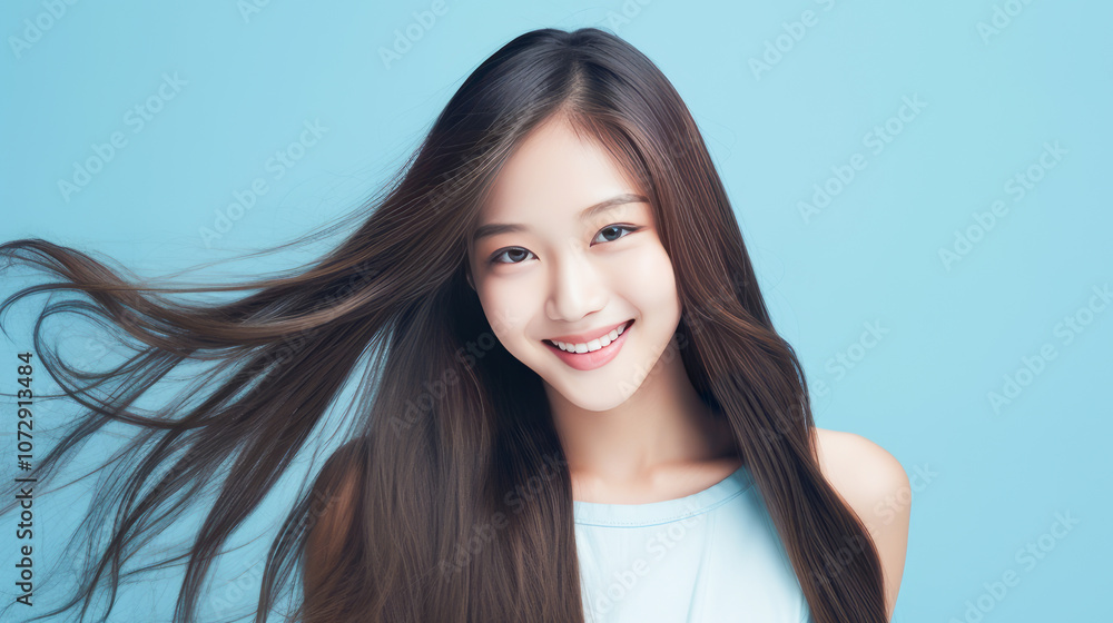 Portrait of smiling asian teenager girl blue background. Portrait of smiling asian teenager girl blue background.