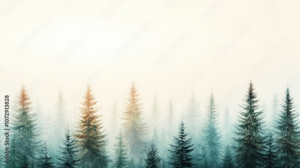 Misty forest landscape with evergreen trees. Misty forest landscape with evergreen trees.