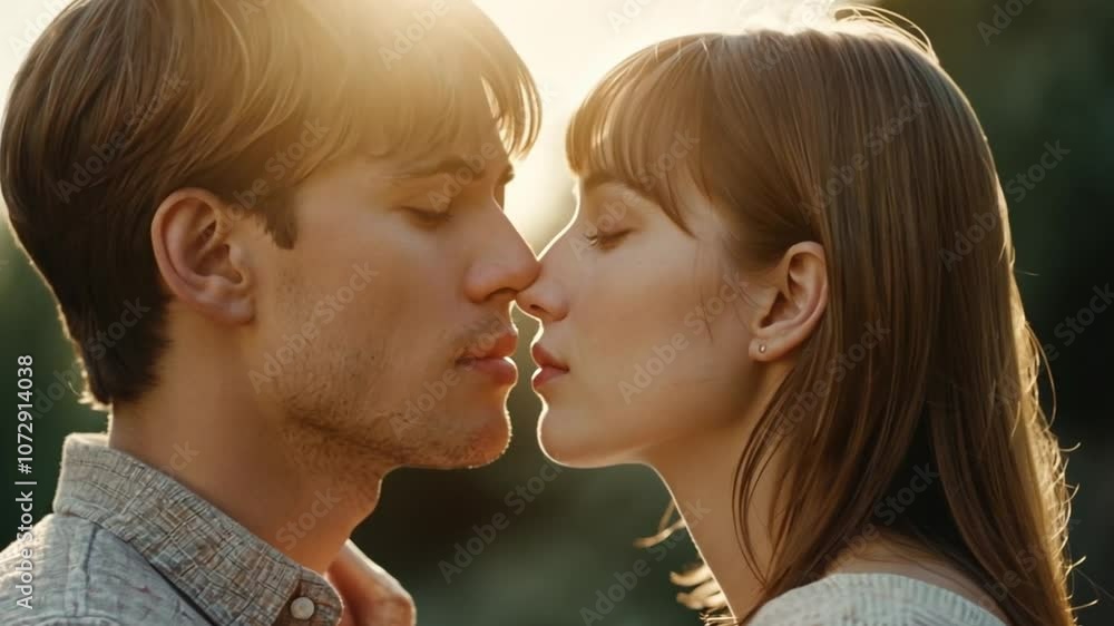 Cinematic close-up of two people about to kiss, capturing tenderness and romance in a softly blurred background. Cinematic close-up of two people about to kiss, capturing tenderness and romance in a softly blurred background.