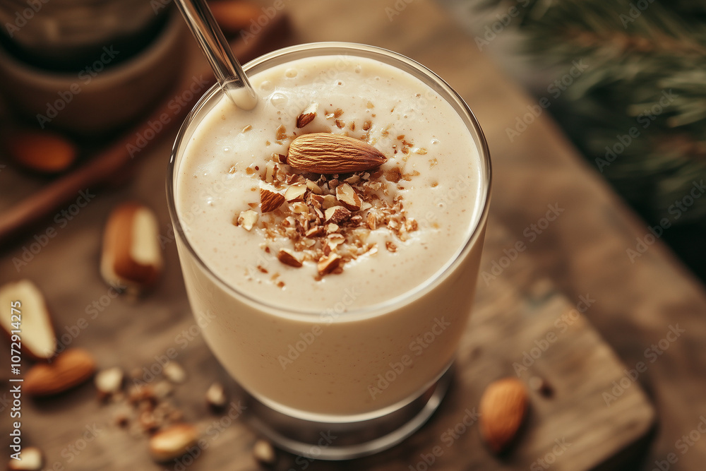 Creamy almond milk smoothie with a swirl of honey on top, sprinkled with nuts Creamy almond milk smoothie with a swirl of honey on top, sprinkled with nuts