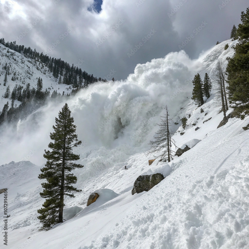 A powerful snow avalanche cascades down a mountainside, capturing the raw force of nature. Ideal for winter sports, adventure, or nature-themed imagery. A powerful snow avalanche cascades down a mountainside, capturing the raw force of nature. Ideal for winter sports, adventure, or nature-themed imagery.