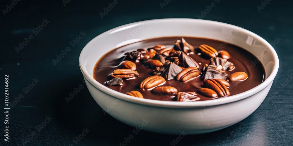 A close-up view of a white bowl filled with decadent chocolate sauce and pecan nuts, showcasing a delightful combination of textures and flavors. A close-up view of a white bowl filled with decadent chocolate sauce and pecan nuts, showcasing a delightful combination of textures and flavors.