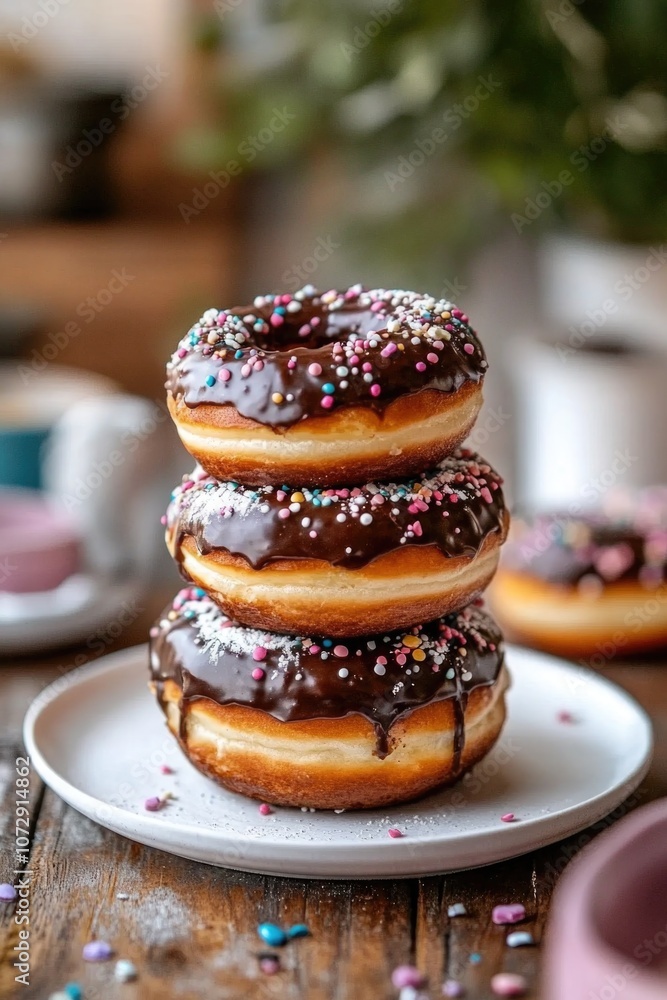 Donut stack with chocolate frosting and sprinkles Donut stack with chocolate frosting and sprinkles