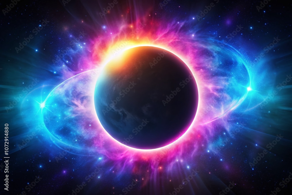 Obraz premium Stunning Sun Eclipse with Vibrant Pink and Blue Fire on Dark Background, Featuring a Glowing Moon Design and Captivating Space Science Concept for Astrophotography Enthusiasts
