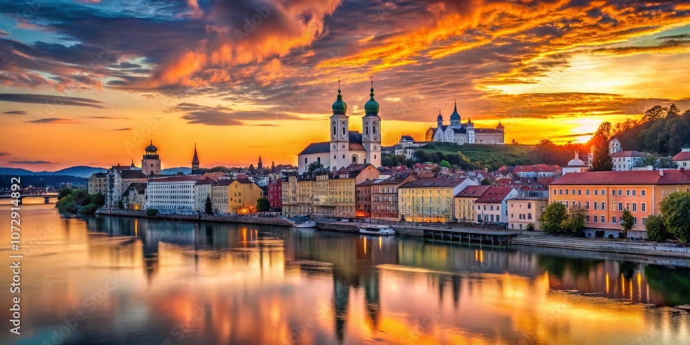 Stunning Silhouette Photography of Passau at Sunset, Capturing the Majestic River Danube and Historic Architecture Against a Vibrant Sky