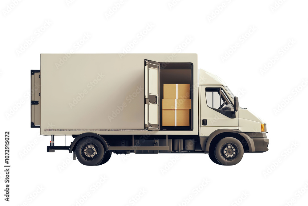 A delivery truck with an open side door revealing stacked boxes inside, emphasizing its utility for transporting goods. A delivery truck with an open side door revealing stacked boxes inside, emphasizing its utility for transporting goods.