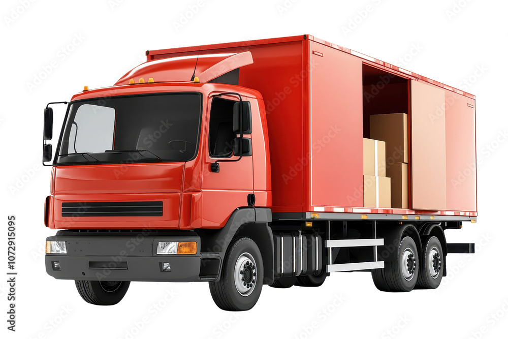 A red delivery truck featuring an open cargo area filled with cardboard boxes, showcasing its transporting capabilities. A red delivery truck featuring an open cargo area filled with cardboard boxes, showcasing its transporting capabilities.