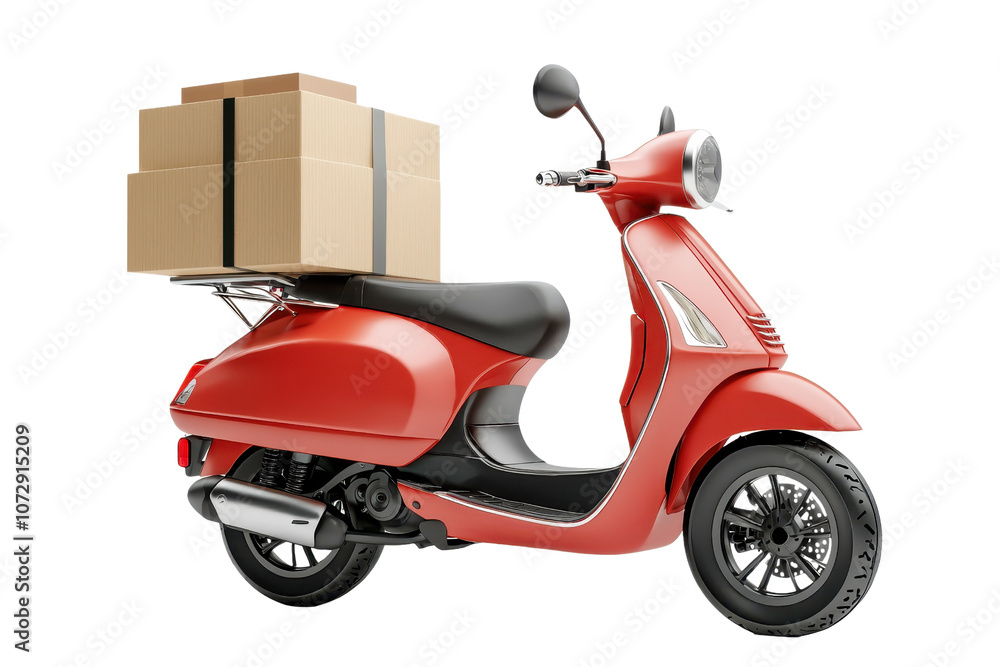 A vibrant red scooter with stacked boxes on the back, designed for delivery or transporting goods. A vibrant red scooter with stacked boxes on the back, designed for delivery or transporting goods.