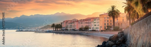 Charming sunset in Ajaccio, featuring colorful houses, palm-lined promenade, and majestic mountains in the background