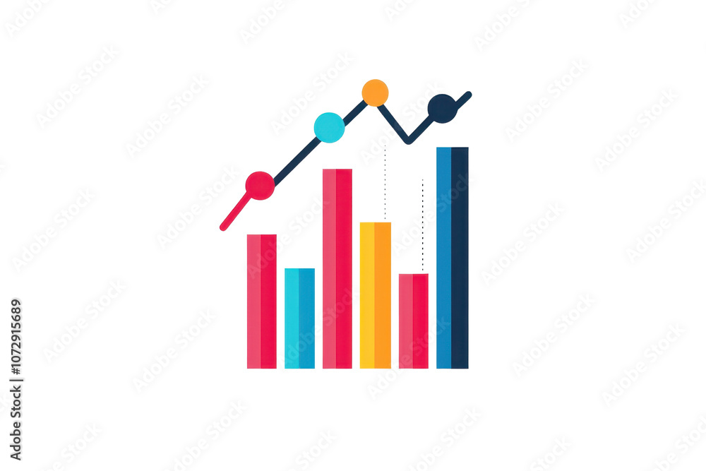 A colorful bar chart represents data trends and analytics with varying heights and a line graph overlay. A colorful bar chart represents data trends and analytics with varying heights and a line graph overlay.