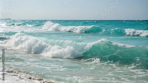 Waves gently rolling over turquoise ocean surface with white foam creating a soft mist in the air, gentle movement, peaceful scene, sunlit water, underwater world