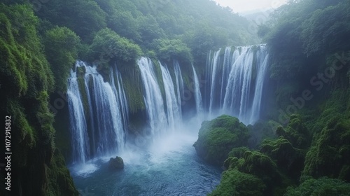 The famous Huangguoshu Waterfall in Guizhou, surrounded by rich forest vegetation