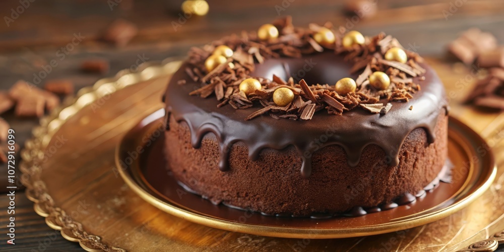 A decadent chocolate cake with a rich, dark chocolate frosting, adorned with golden chocolate sprinkles and delicate chocolate curls, sits on a golden tray, ready to tempt your taste buds. A decadent chocolate cake with a rich, dark chocolate frosting, adorned with golden chocolate sprinkles and delicate chocolate curls, sits on a golden tray, ready to tempt your taste buds.