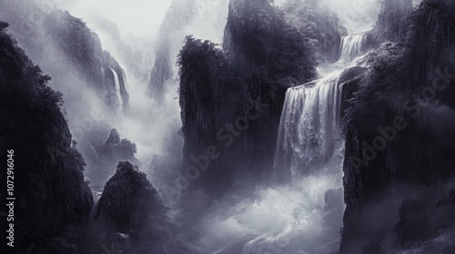 A dramatic waterfall in Zhangjiajie National Forest Park, with towering sandstone peaks photo