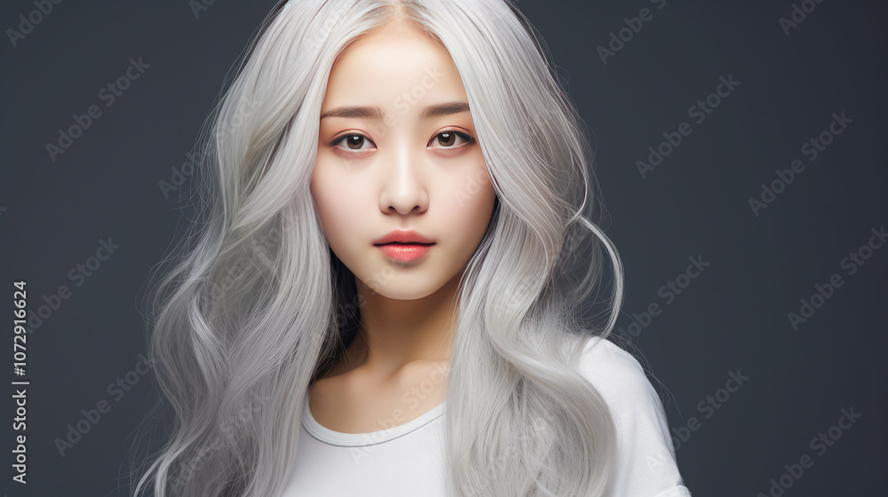 Portrait of smiling asian teenager girl with long and white hair gray background. Portrait of smiling asian teenager girl with long and white hair gray background.