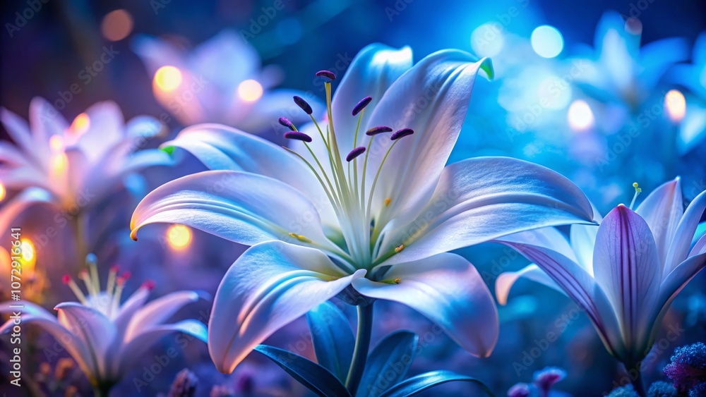 Stunning Tilt-Shift Photography of a White Lily Illuminated by Ultraviolet Lighting, Showcasing Its Delicate Features and Ethereal Glow in a Unique Perspective Stunning Tilt-Shift Photography of a White Lily Illuminated by Ultraviolet Lighting, Showcasing Its Delicate Features and Ethereal Glow in a Unique Perspective