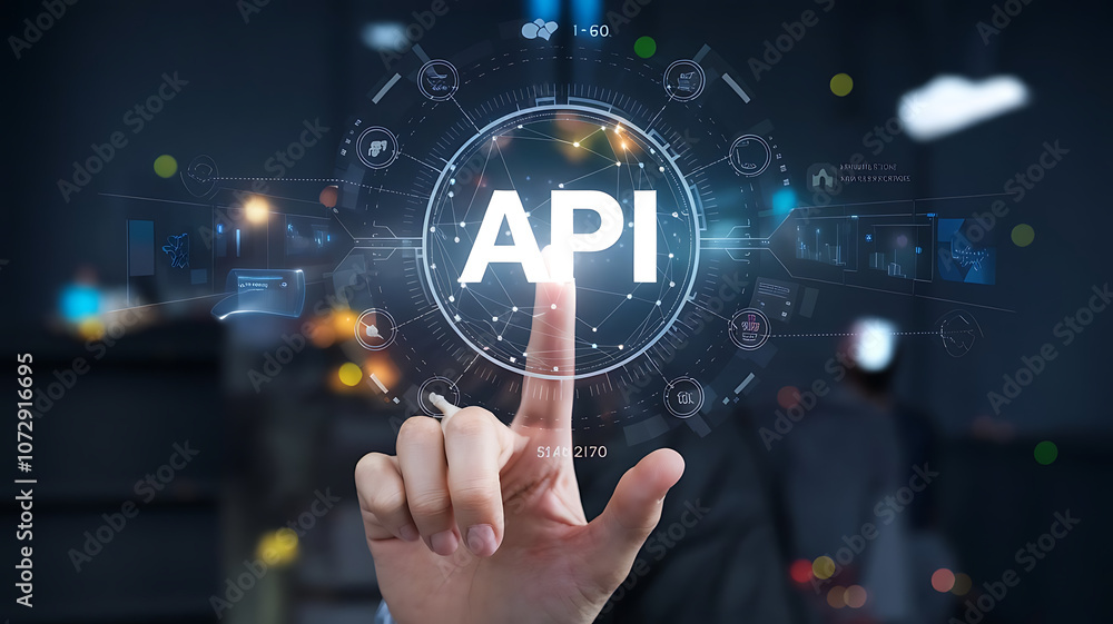 API application programming interface, a finger touch a hologram virtual interface that hologram of API, API integration, API development, JSON, API documentation, 