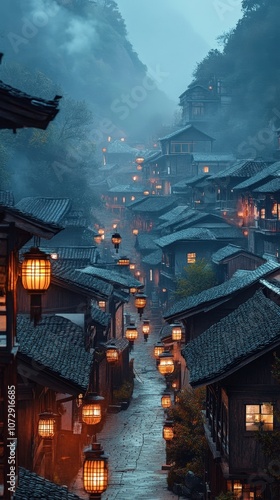 A serene street illuminated by lanterns in a tranquil mountain village at dusk. photo