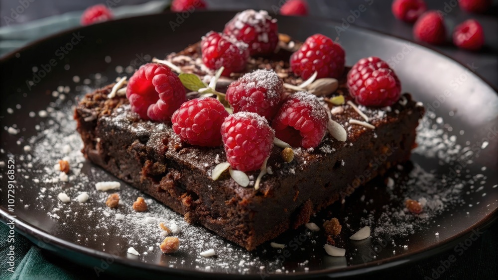 A decadent chocolate brownie topped with fresh raspberries and dusted with powdered sugar, a sweet treat for any occasion A decadent chocolate brownie topped with fresh raspberries and dusted with powdered sugar, a sweet treat for any occasion