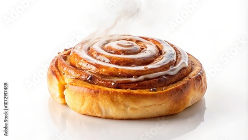 A freshly baked cinnamon roll with a swirl of icing, emitting a wisp of steam, ready to be enjoyed