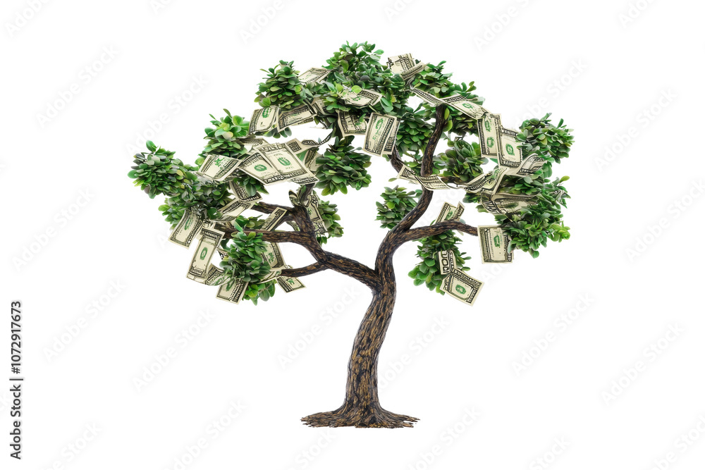 Obraz premium A decorative tree featuring abundant green foliage interspersed with bundles of cash, symbolizing wealth and prosperity.
