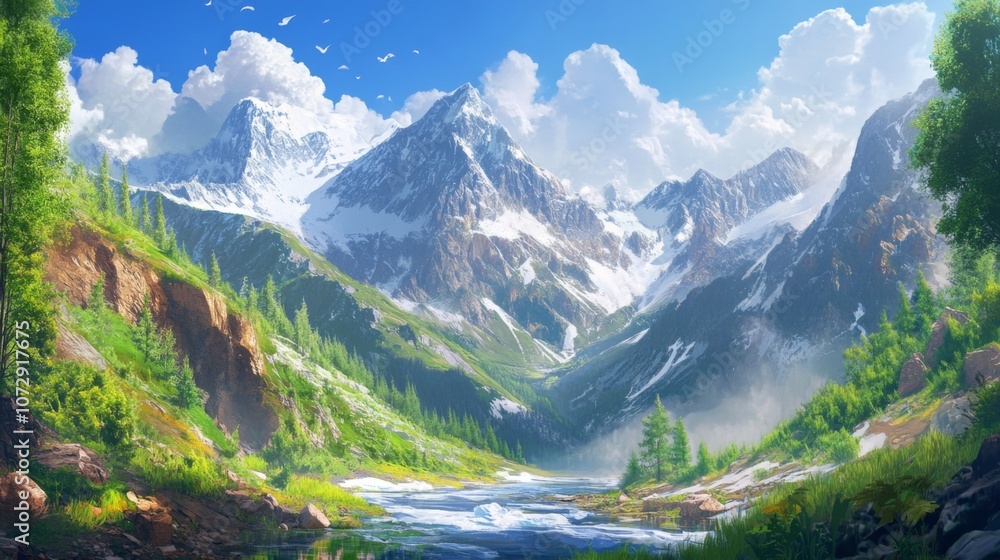 Obraz premium The dramatic scenery of Mount Tianshan, Xinjiang, China, with steep cliffs, alpine meadows, and glaciers, showcasing the contrast of lush greenery with harsh mountain terrain