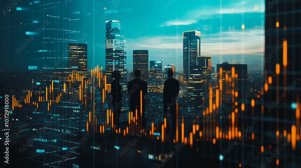 Abstract business team stands on the peak of success amid tall, innovative Smart city and graphs with statistics to analyze business potential and predict future developments in company growth. Abstract business team stands on the peak of success amid tall, innovative Smart city and graphs with statistics to analyze business potential and predict future developments in company growth.