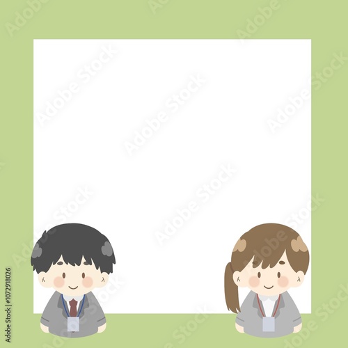 Two office workers sitting in front of a blank green whiteboard