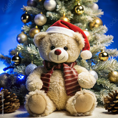 Adorable teddy bear wearing a Santa hat, adding a touch of festive warmth and cuteness to your holiday decorations or gift ideas