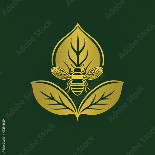 Golden bee icon with leaves on a green background. photo