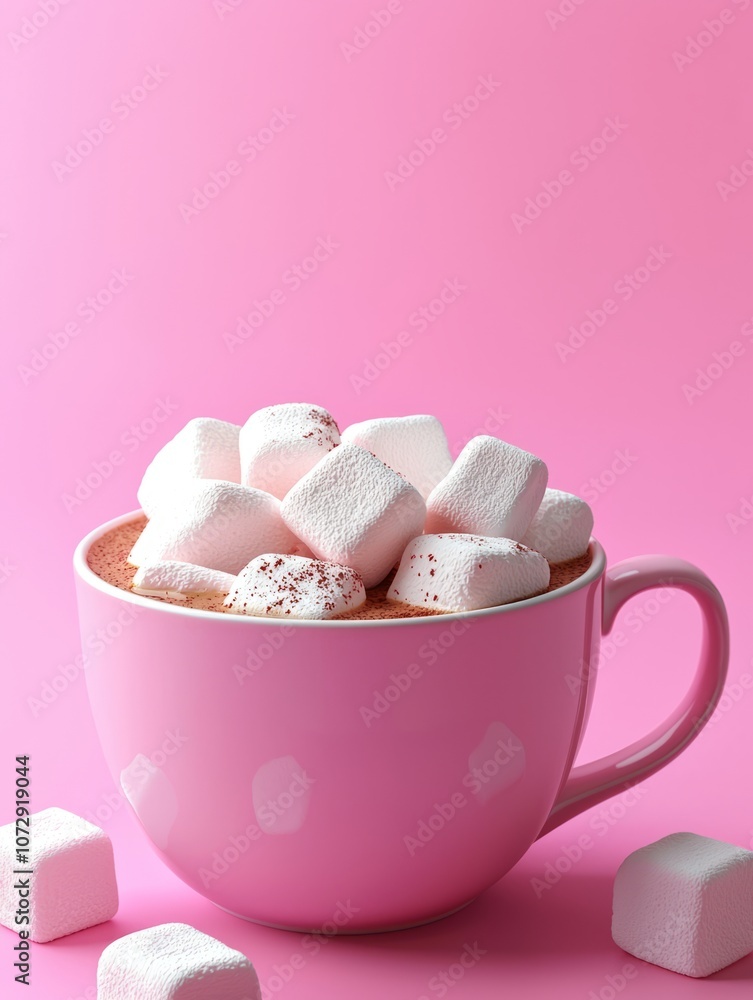 Cozy Pink Mug of Hot Cocoa with Marshmallows on Pastel Background Cozy Pink Mug of Hot Cocoa with Marshmallows on Pastel Background
