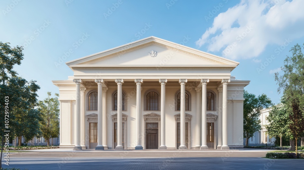 Fototapeta premium A classic white building with columns and a pediment, set against a blue sky with clouds.