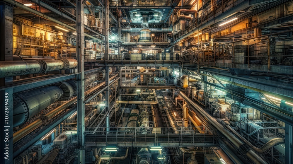 Industrial Interior with Complex Pipes and Platforms. Industrial Interior with Complex Pipes and Platforms.