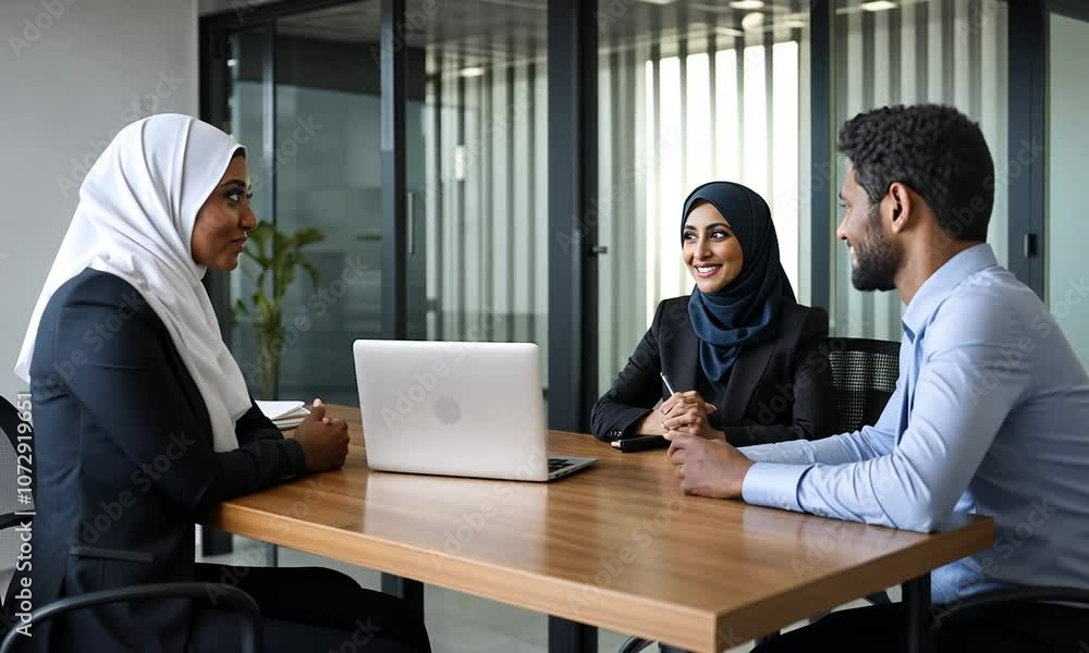 Two businesswomen and a man sit at a table, smiling at each other. Two businesswomen and a man sit at a table, smiling at each other.