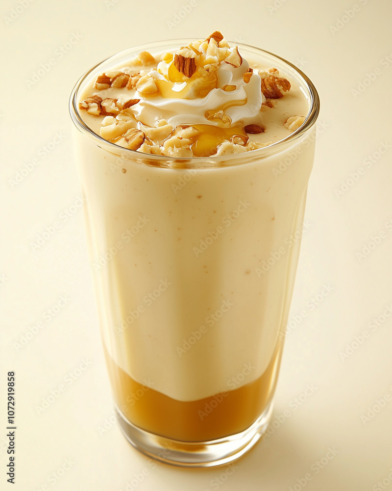 Creamy almond milk smoothie with a swirl of honey on top, sprinkled with nuts Creamy almond milk smoothie with a swirl of honey on top, sprinkled with nuts