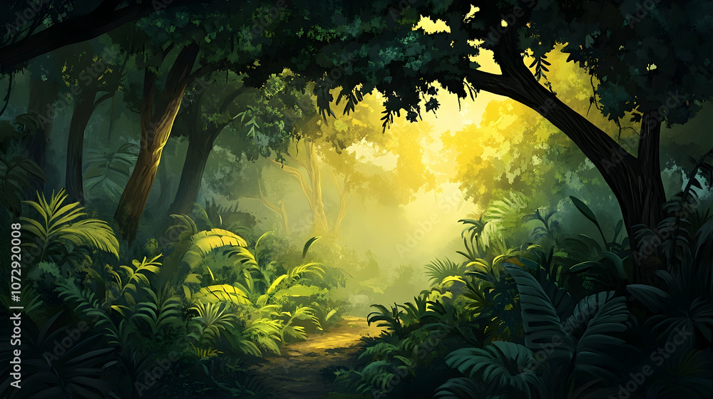 A sunlit path through a lush, green jungle. A sunlit path through a lush, green jungle.