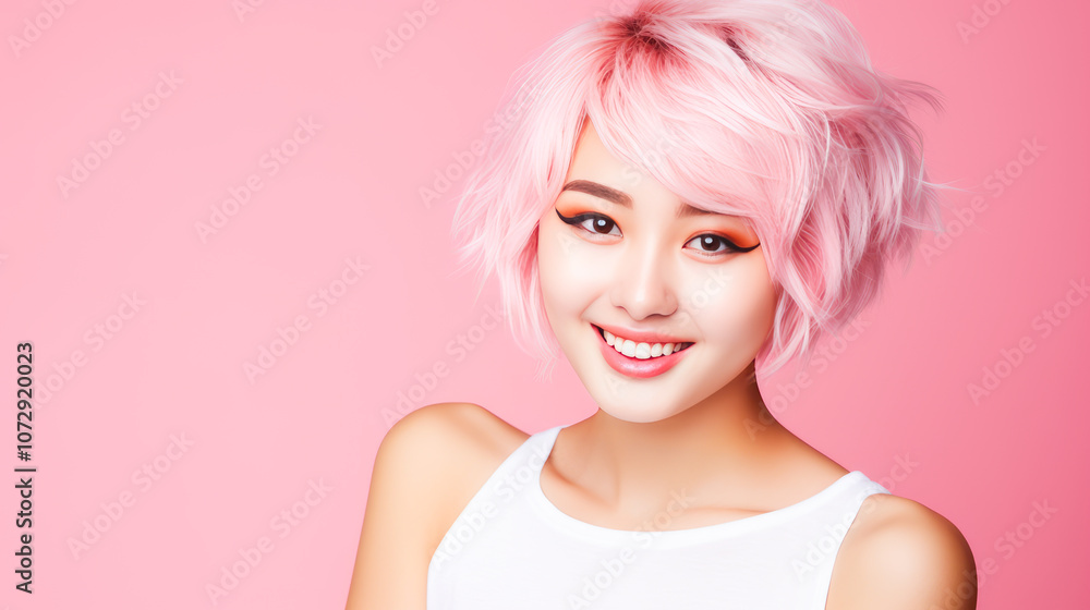 Portrait of smiling asian teenager girl with short haircut and white hair pink background. Portrait of smiling asian teenager girl with short haircut and white hair pink background.