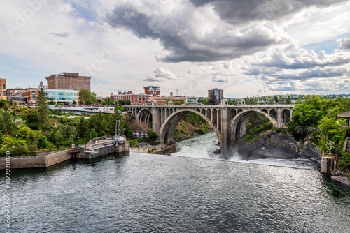 Monroe Street Bridge Over the Spokane River from Above Falls, Spokane Washington.