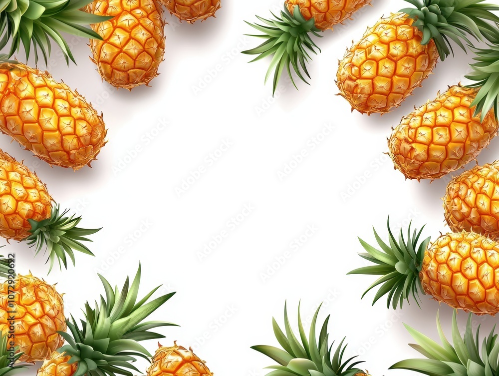 Fototapeta premium Pineapple Fruit with Green Leaves Border on White Background