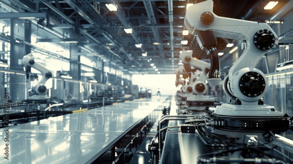 Industrial robot arms on an assembly line in a factory. Industrial robot arms on an assembly line in a factory.
