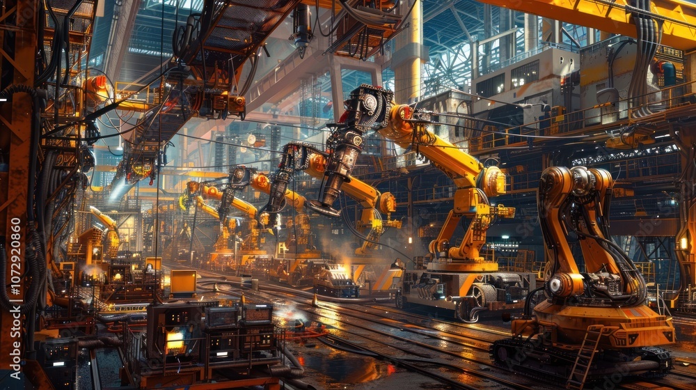 Industrial robotic arms working in a futuristic factory. Industrial robotic arms working in a futuristic factory.