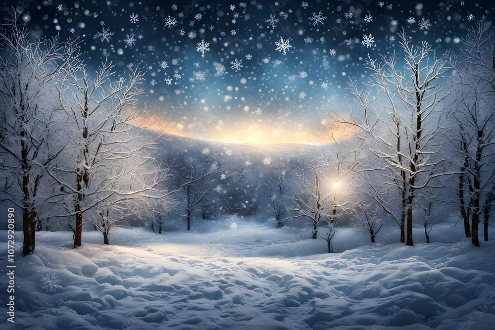 Sparkling winter wonderland with glowing snowflakes falling from the sky, Ai Generated Sparkling winter wonderland with glowing snowflakes falling from the sky, Ai Generated