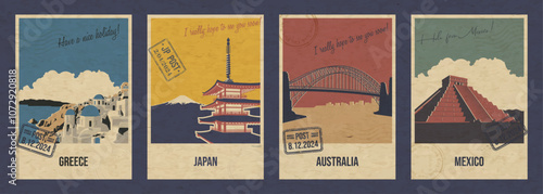 Greece, Japan, Australia, Mexico Main Attractions Postcard Set, Pyramid, Bridge, Pagoda, Townscape Vector Templates Retro Style Greeting Cards. Postal Imprints, Aged Paper Texture